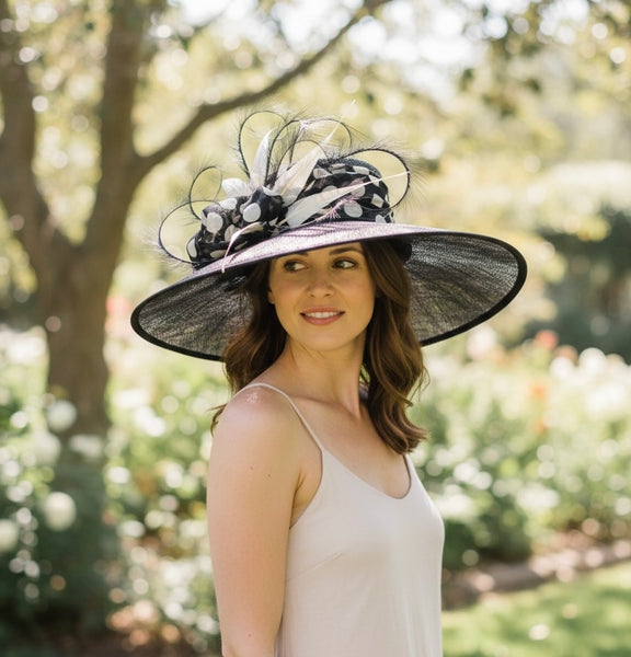 Black Sinamay with Cream Polka Dots