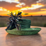 Large Upturned Brim in Dark Green Sinamay