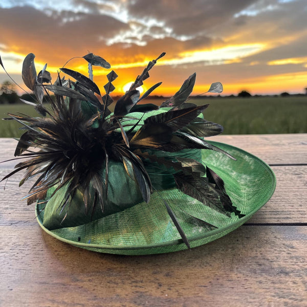 Large Upturned Brim in Dark Green Sinamay