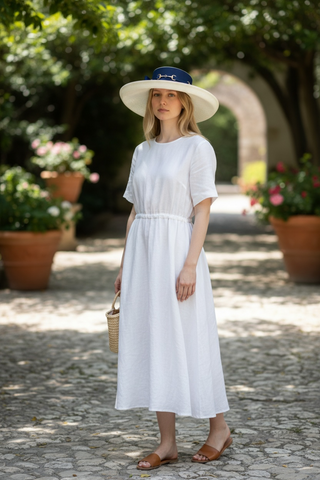 Cream and Navy large Brim Straw