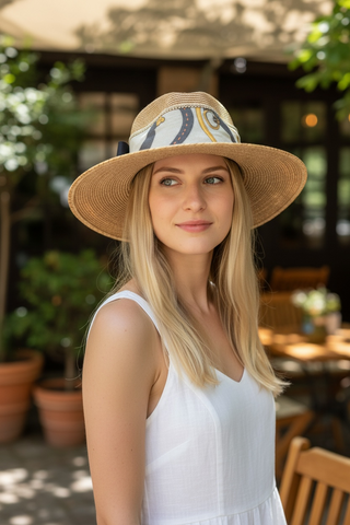 Palm Straw Fedora with Equestrian Print